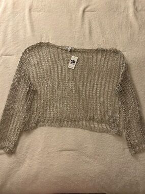 Buckle Silver Sheer Metallic Open-Weave Cropped Sweater